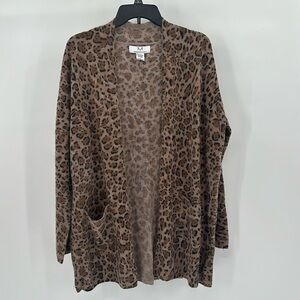 Magaschoni Brown Leopard Print Cashmere Open Front Cardigan Size Large